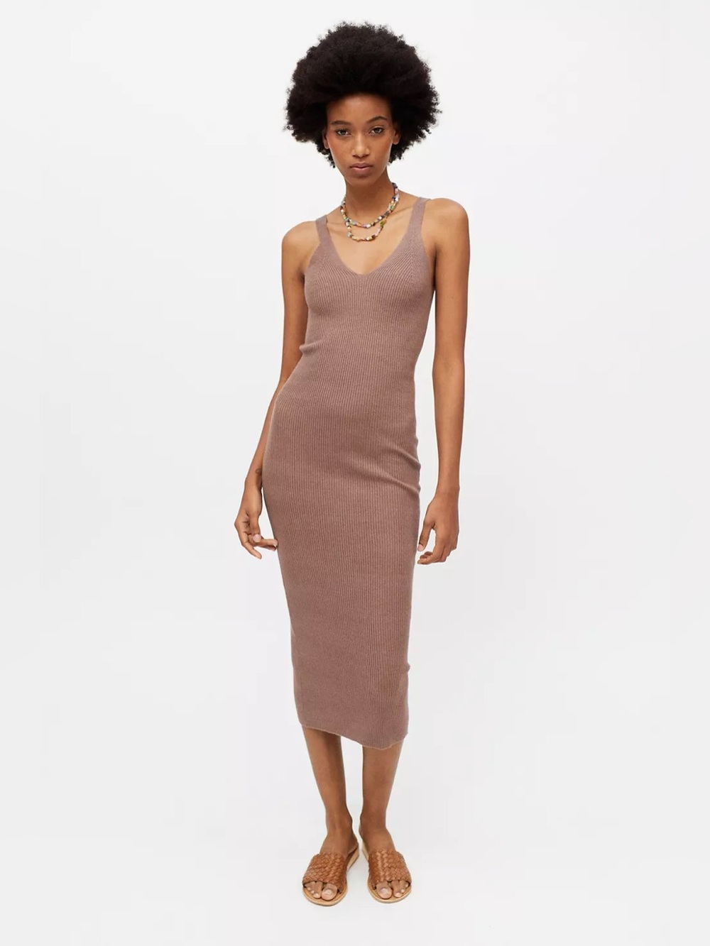 Dress Forum Ribbed Scoop Neck Midi Dress Taupe L